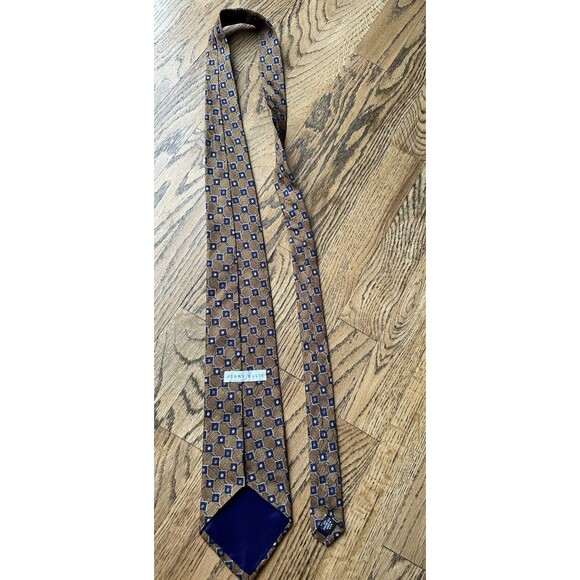 Perry Ellis Brown With Blue Squares 100% Italian Silk Men’s Tie‎ Career Work EUC - Picture 3 of 5